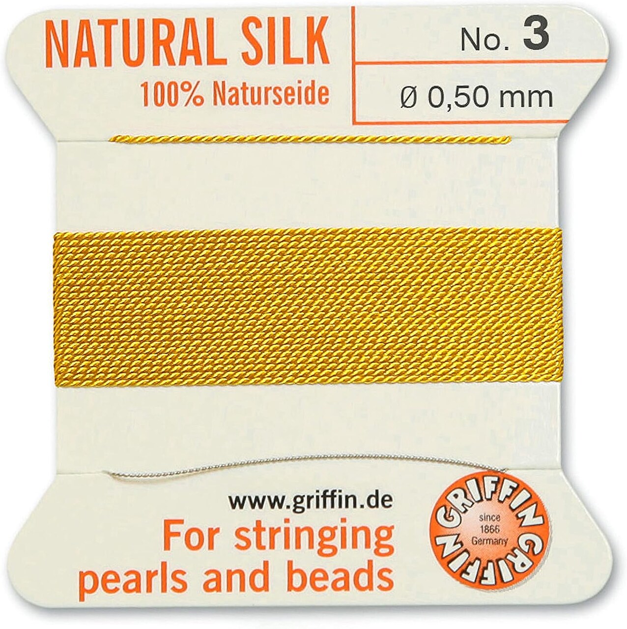 Griffin Silk Bead Cord Perlseide – Size 3 (0.50mm) – 2 Meters per Card – Stainless Steel Needle Attached – for Knotting Pearls, Gemstones, Crystals and Beads